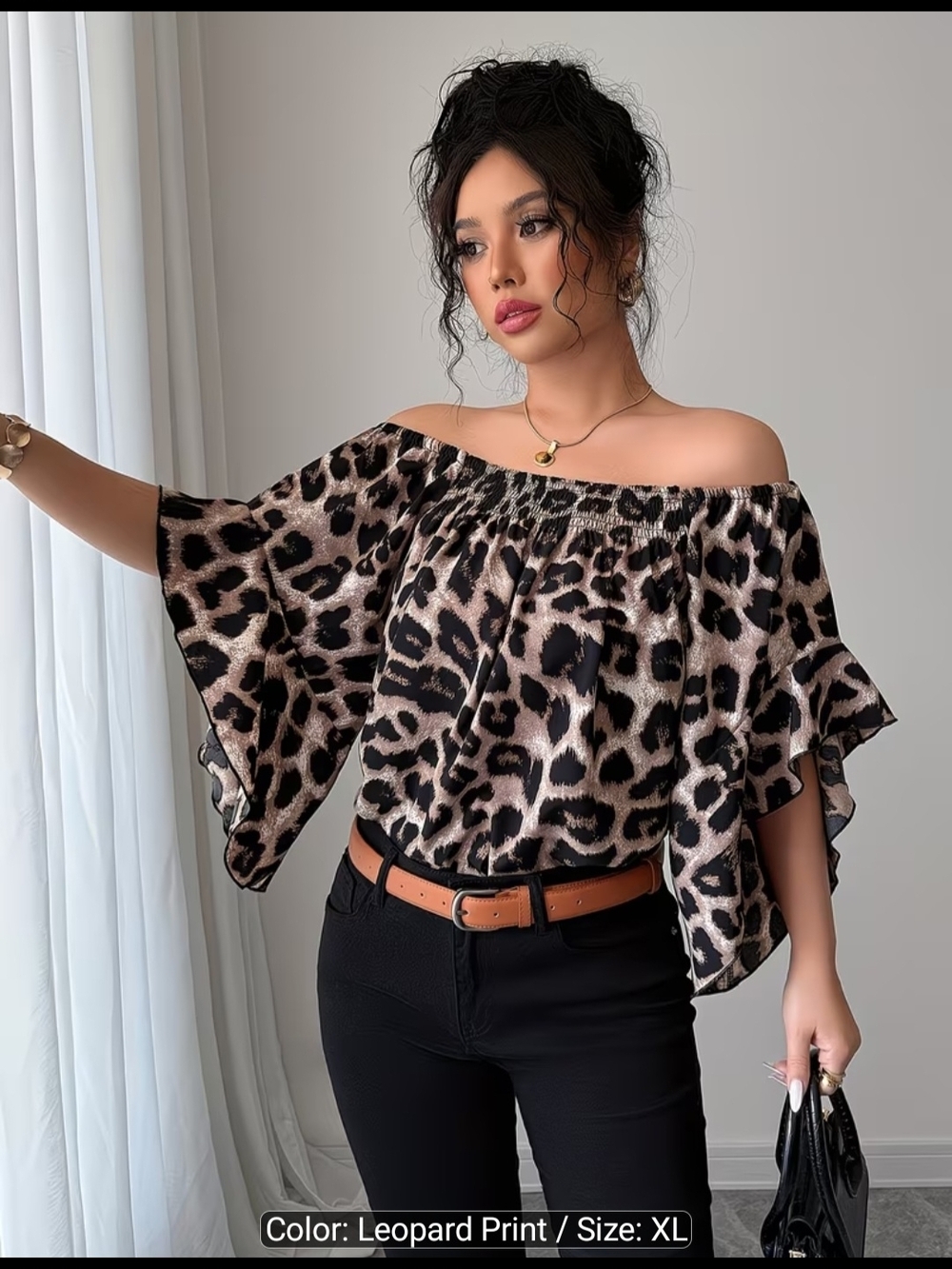 Off-Shoulder Leopard Print Blouse in Tan and Black - Picture 5 of 5